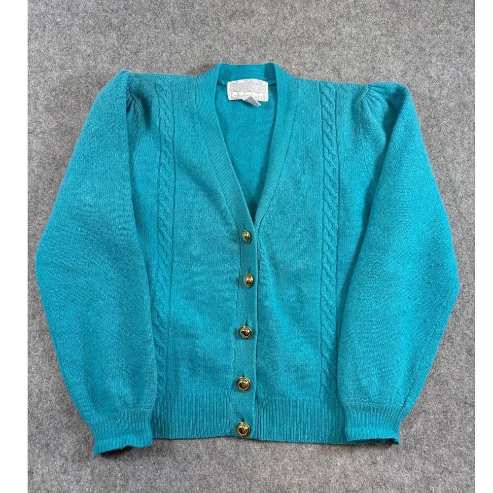 VINTAGE 80s SML Sport Cardigan Sweater Womens Small Teal Puff Sleeve Lambswool